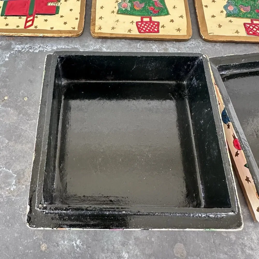 VTG Foreside Christmas Birdhouse Tree Coasters Set 6 Papier Mache Square W/ Box